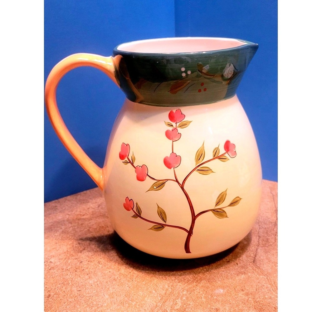Certified International Floral Ceramic Pitcher Cream Green Pink Hand Painted Jug